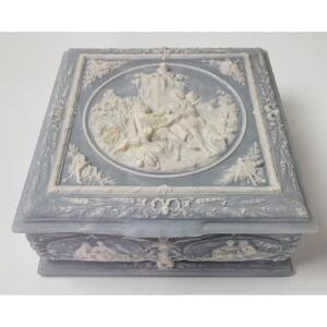 Vintage Incolay Stone Blue White Carved Jewelry Box Neoclassical Romantic USA